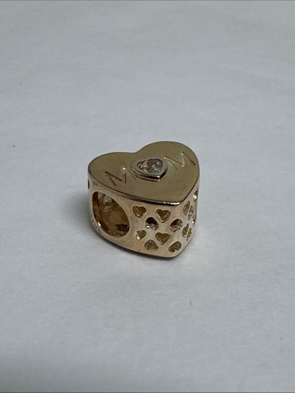 Pandora Gold 'MOM' Heart Charm with Clear Crystal